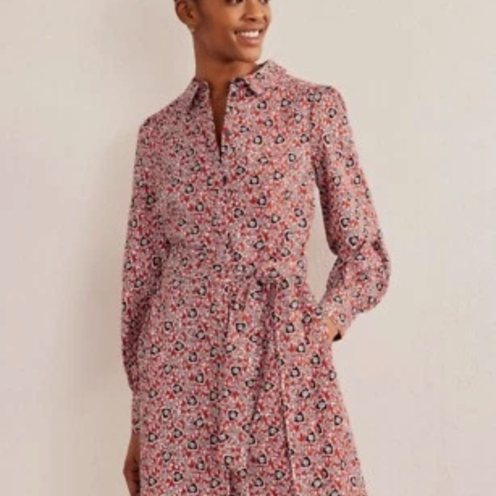 BODEN US Size 12L Mini Shift Shirt Dress POCKETS Button-Front Tomato Swirl
